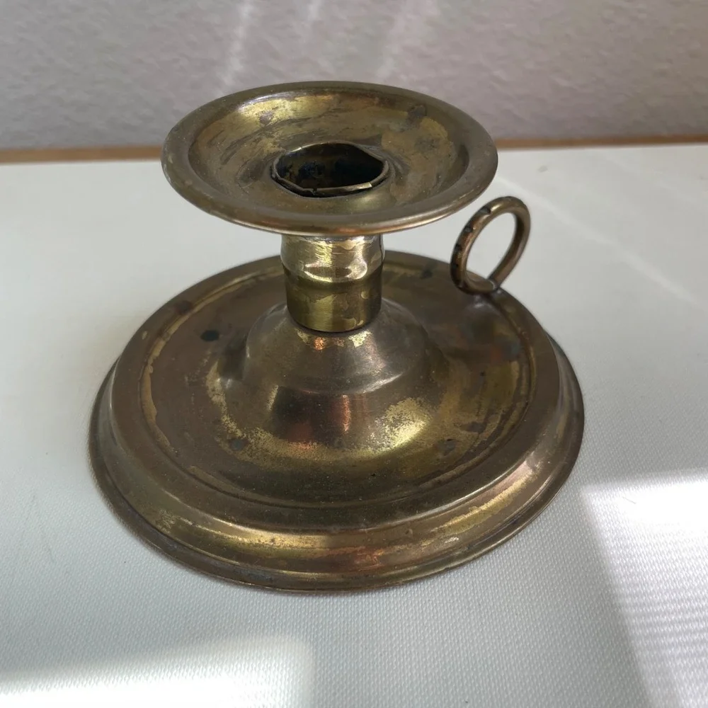 Antique Brass Chamberstick Finger Candleholder Ring Handle Drip Tray Patina 4